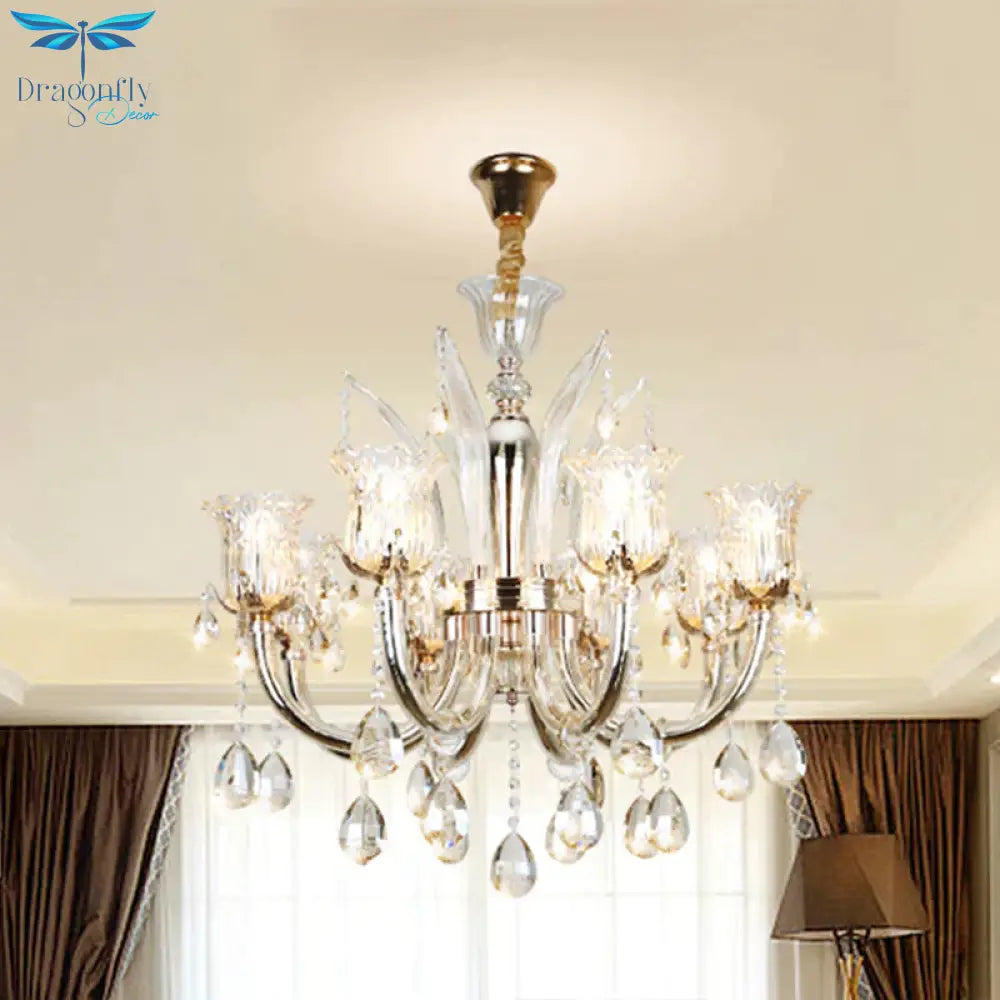 Bell Living Room Chandelier Lamp Traditional Crystal Drop 6/8 Lights Chrome Hanging Ceiling Light