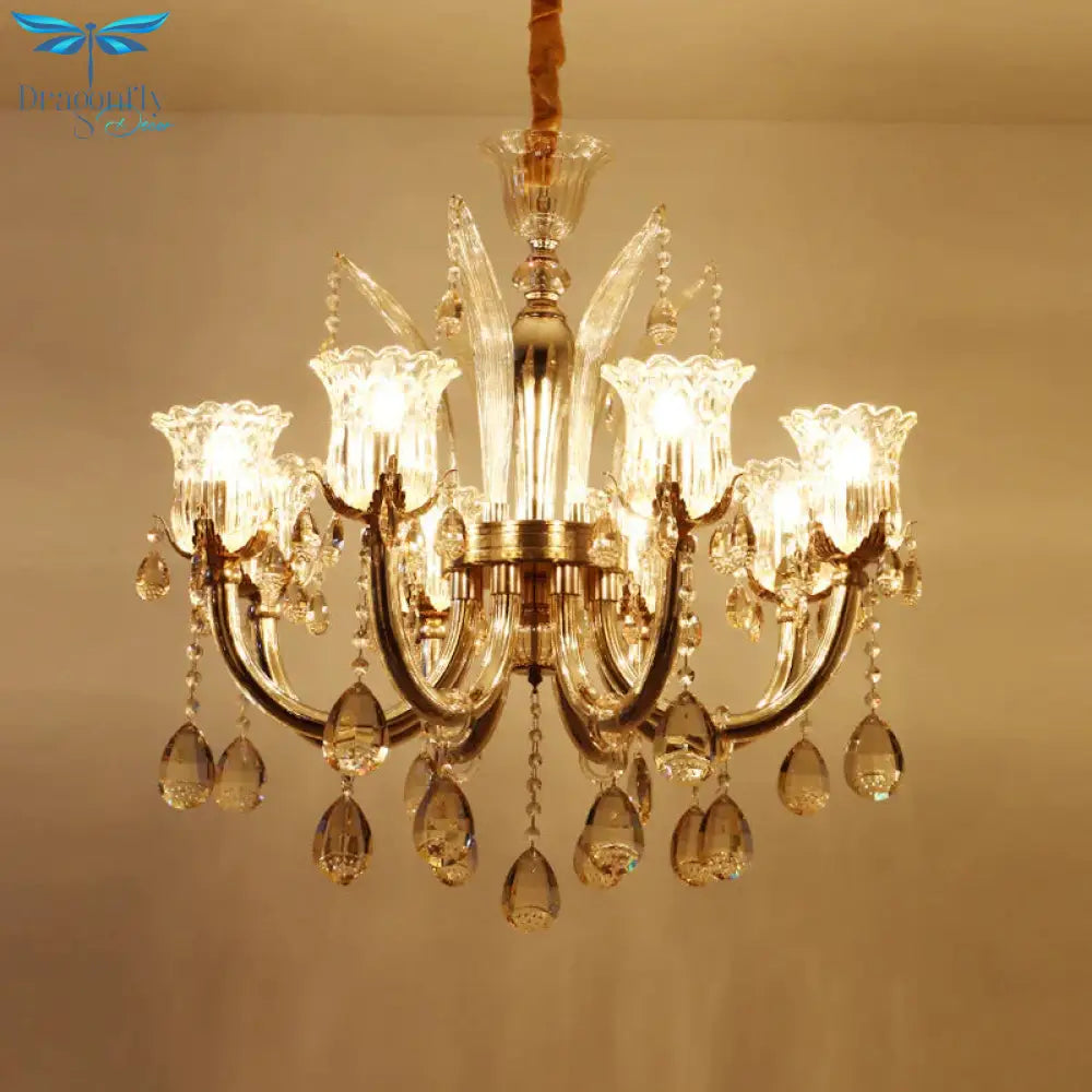 Bell Living Room Chandelier Lamp Traditional Crystal Drop 6/8 Lights Chrome Hanging Ceiling Light