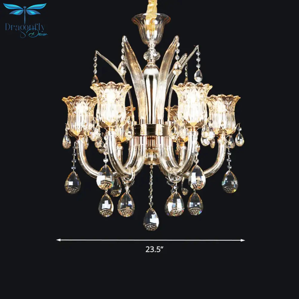 Bell Living Room Chandelier Lamp Traditional Crystal Drop 6/8 Lights Chrome Hanging Ceiling Light