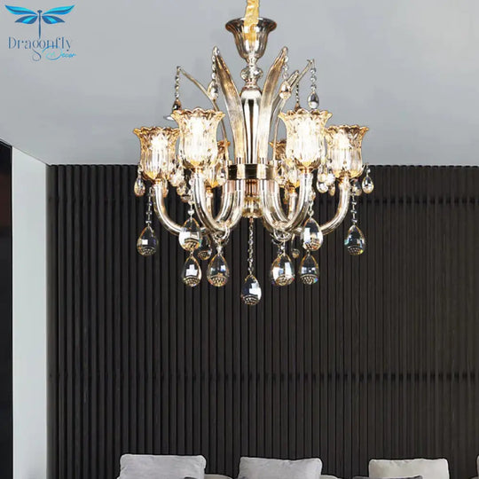 Bell Living Room Chandelier Lamp Traditional Crystal Drop 6/8 Lights Chrome Hanging Ceiling Light