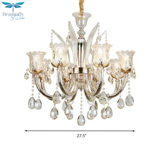 Bell Living Room Chandelier Lamp Traditional Crystal Drop 6/8 Lights Chrome Hanging Ceiling Light