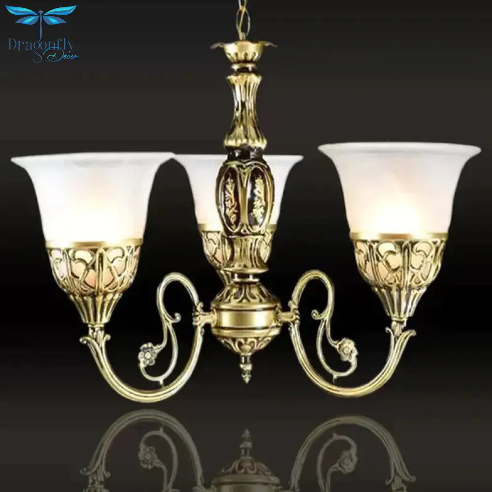 Bell Restaurant Chandelier Lamp Antique Opaline Glass 3 - Head Bronze Finish Pendant Light