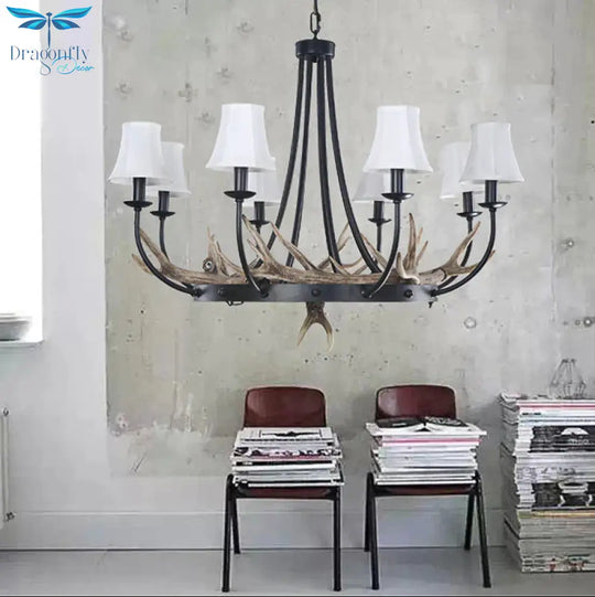 Bend Arm Metallic Hanging Chandelier Countryside 8 - Bulb Kitchen Suspension Lamp In Black With