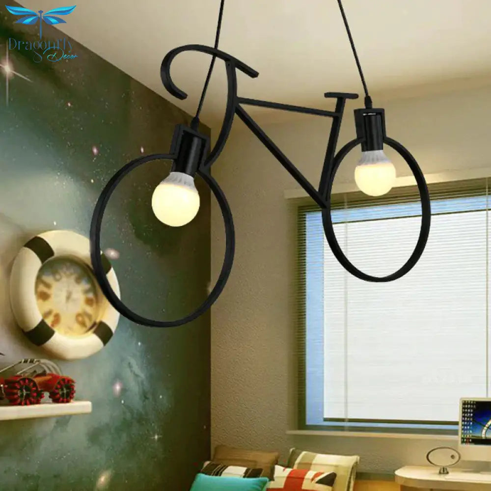 Bicycle Iron Chandelier Light Antique 2 Heads Restaurant Pendant Fixture In Black