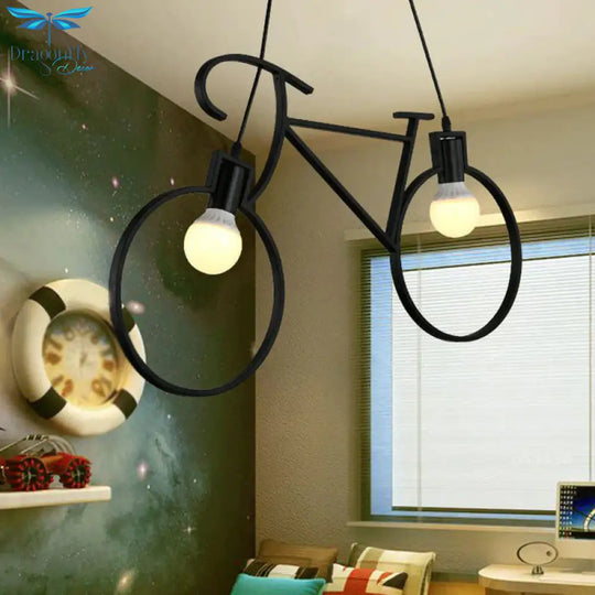 Bicycle Iron Chandelier Light Antique 2 Heads Restaurant Pendant Fixture In Black