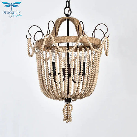 Bird Cage Pendant Chandelier Traditional Wood 3 Bulbs Light Tan Hanging Lamp For Living Room