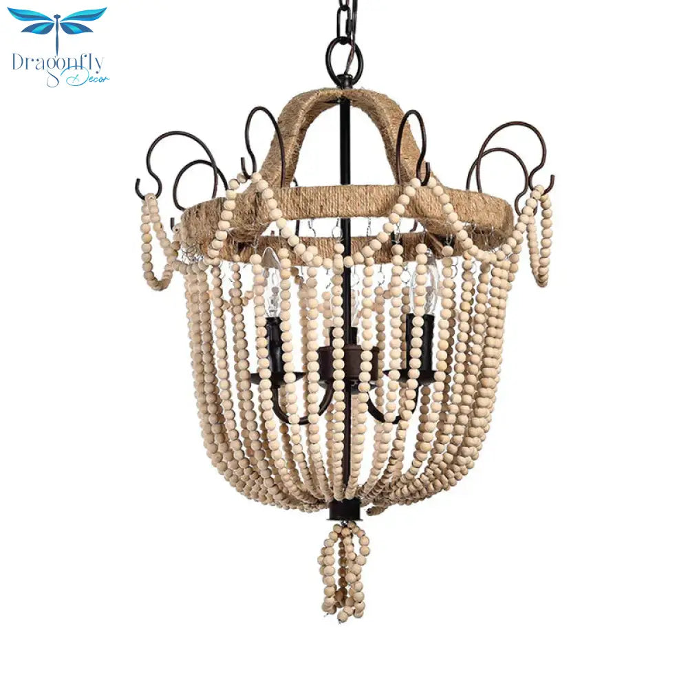 Bird Cage Pendant Chandelier Traditional Wood 3 Bulbs Light Tan Hanging Lamp For Living Room