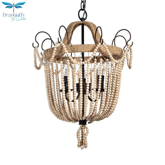 Bird Cage Pendant Chandelier Traditional Wood 3 Bulbs Light Tan Hanging Lamp For Living Room