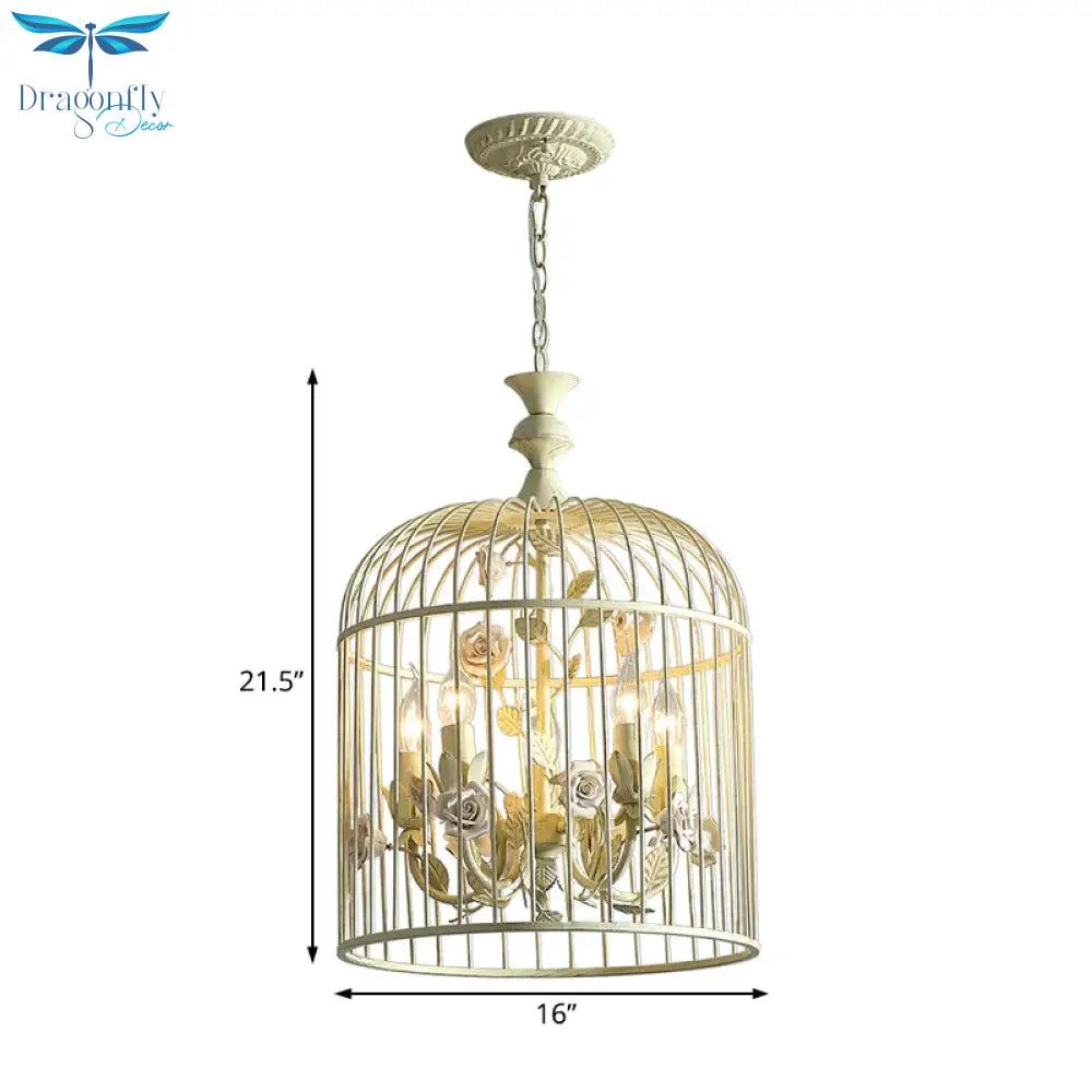 Birdcage Metal Hanging Light Fixture Rustic 3/5 Lights Corridor Chandelier With White Flower