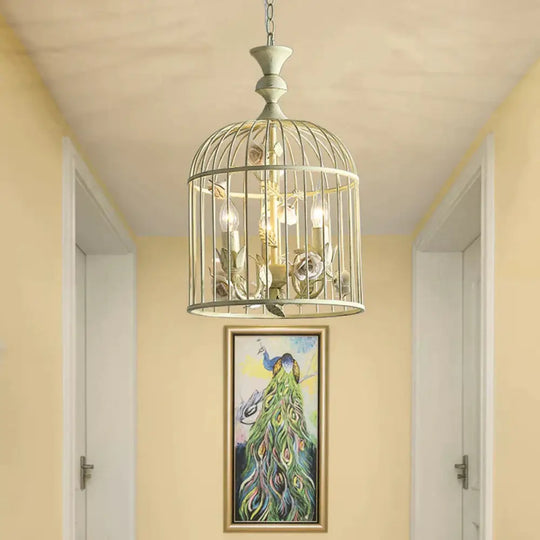 Birdcage Metal Hanging Light Fixture Rustic 3/5 Lights Corridor Chandelier With White Flower