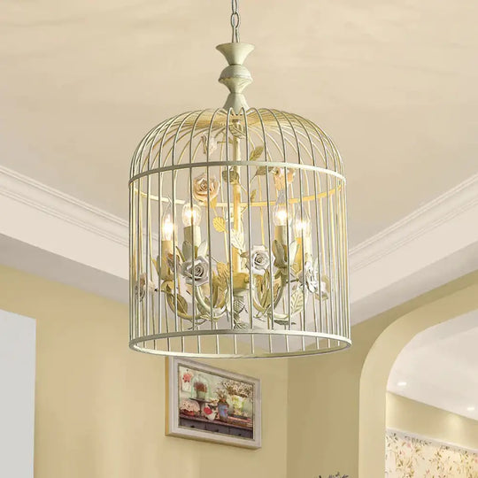 Birdcage Metal Hanging Light Fixture Rustic 3/5 Lights Corridor Chandelier With White Flower
