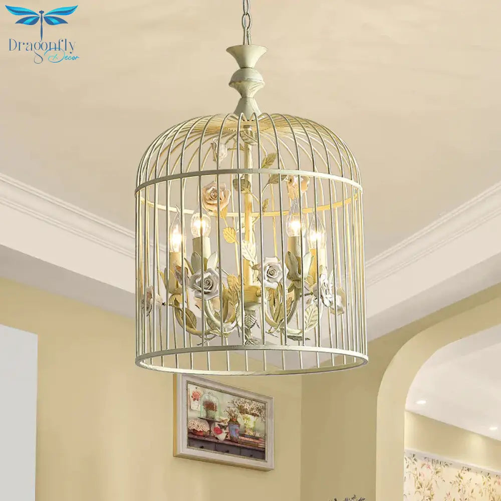 Birdcage Metal Hanging Light Fixture Rustic 3/5 Lights Corridor Chandelier With White Flower