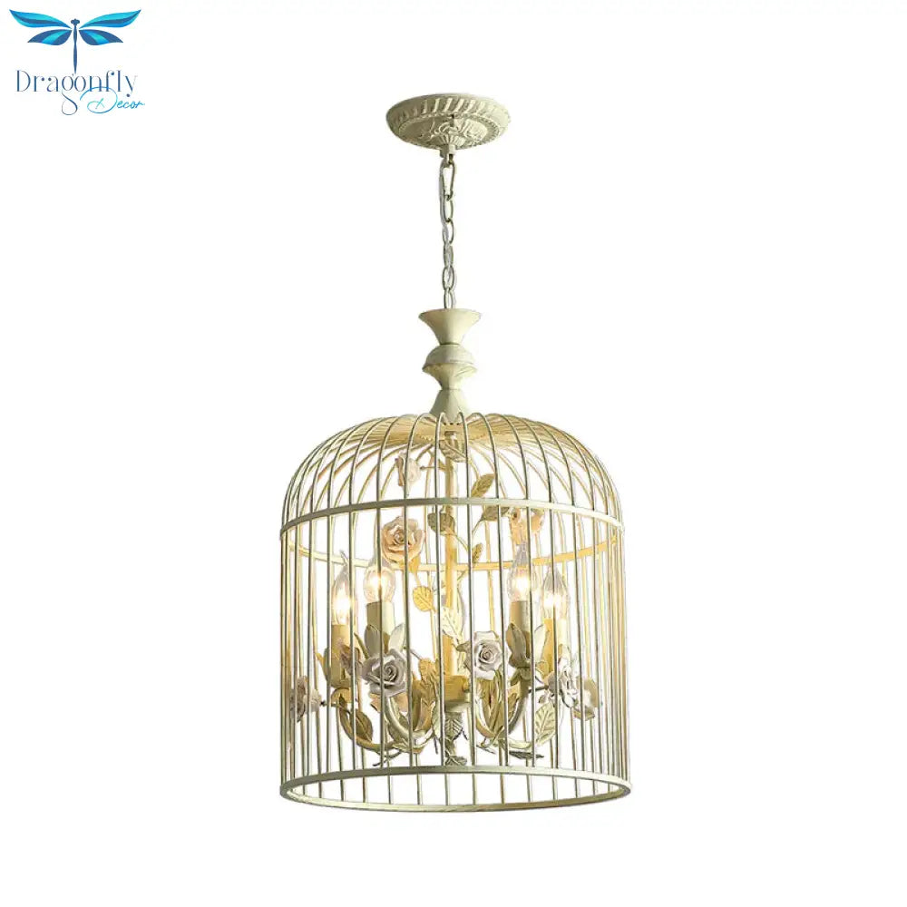 Birdcage Metal Hanging Light Fixture Rustic 3/5 Lights Corridor Chandelier With White Flower