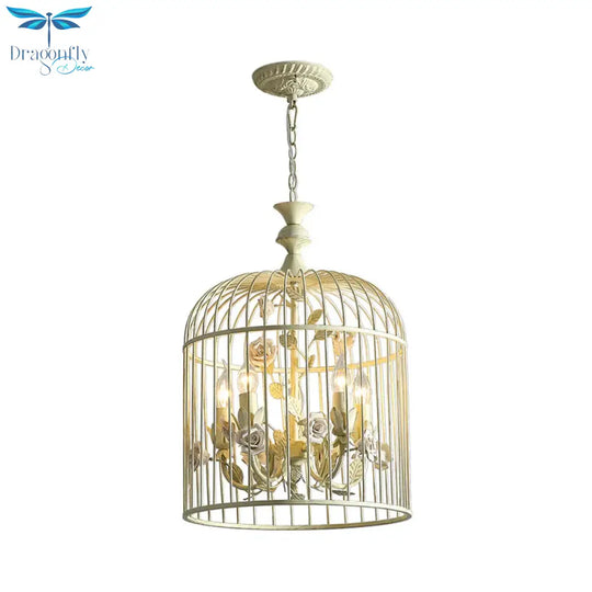Birdcage Metal Hanging Light Fixture Rustic 3/5 Lights Corridor Chandelier With White Flower