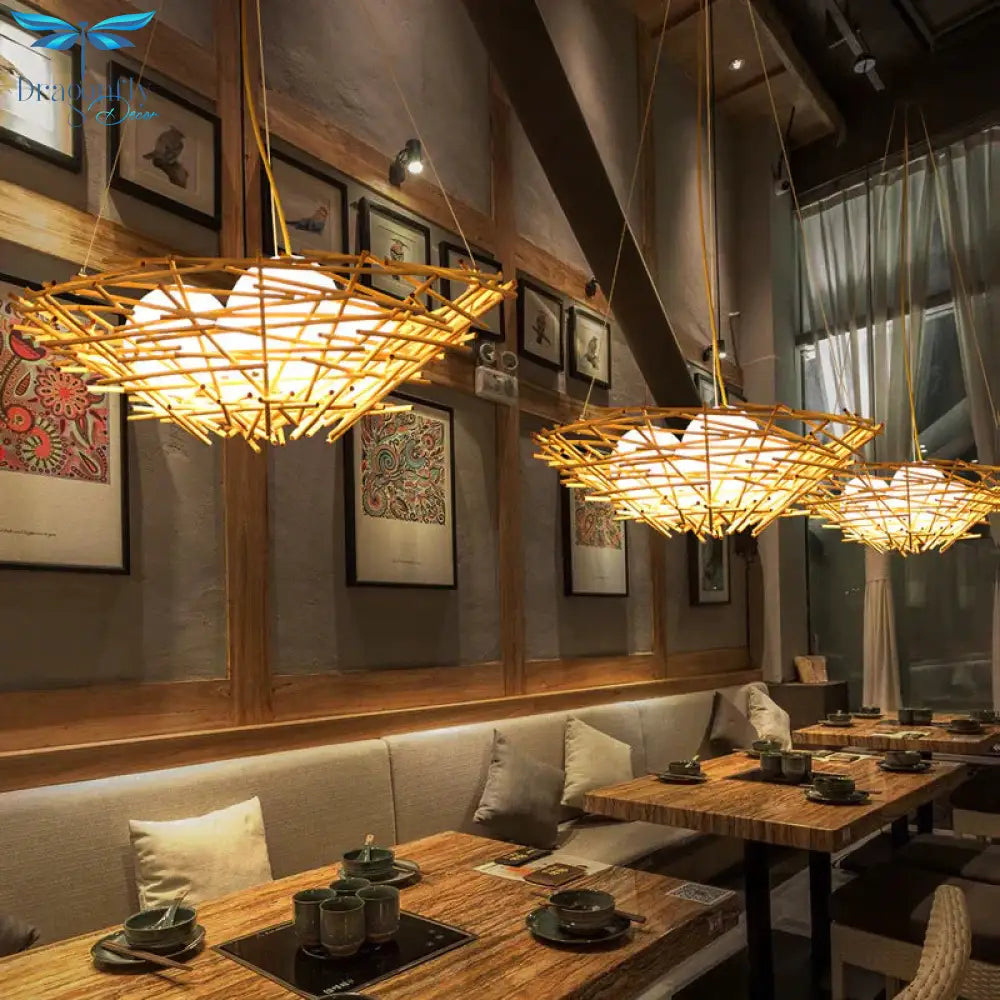 Birdnest Suspension Pendant Contemporary Wood 1 Bulb Beige Hanging Light Kit 16.5’/24.5’ Wide