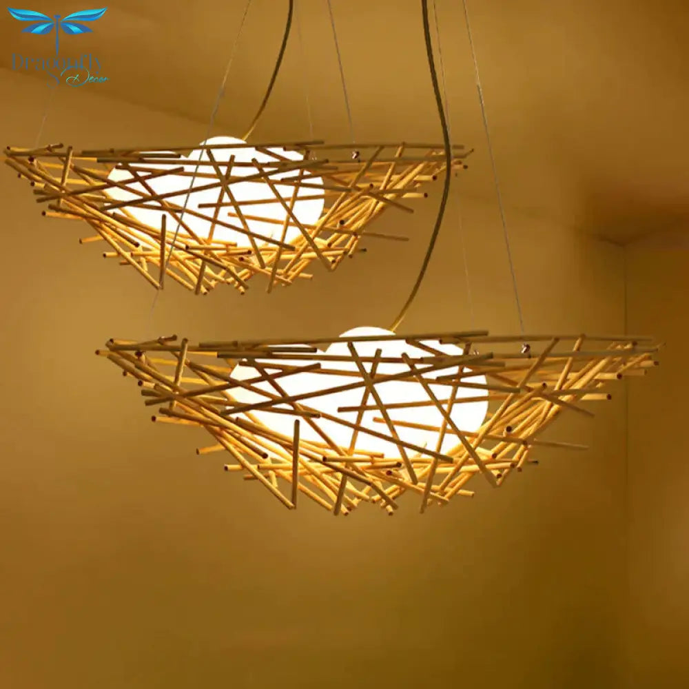 Birdnest Suspension Pendant Contemporary Wood 1 Bulb Beige Hanging Light Kit 16.5’/24.5’ Wide