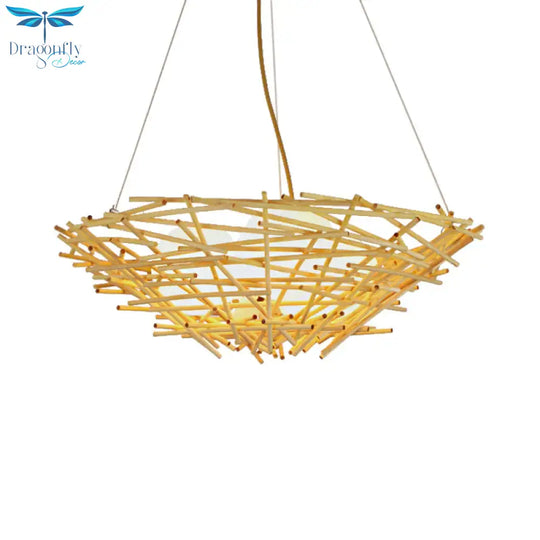 Birdnest Suspension Pendant Contemporary Wood 1 Bulb Beige Hanging Light Kit 16.5’/24.5’ Wide