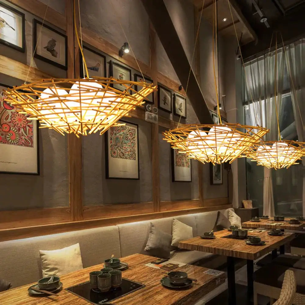 Birdnest Suspension Pendant Contemporary Wood 1 Bulb Beige Hanging Light Kit 16.5’/24.5’ Wide /