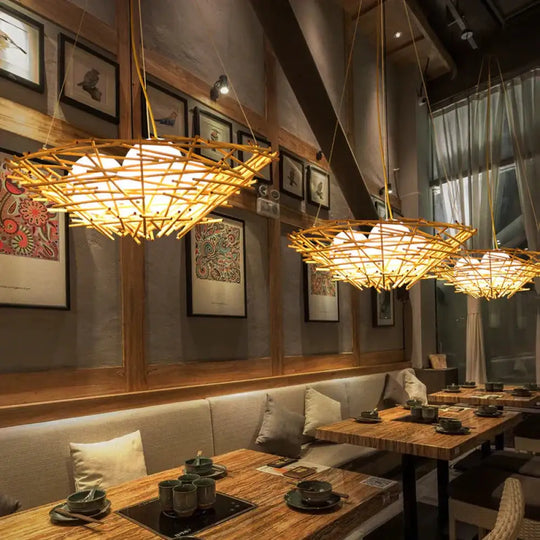 Birdnest Suspension Pendant Contemporary Wood 1 Bulb Beige Hanging Light Kit 16.5’/24.5’ Wide /