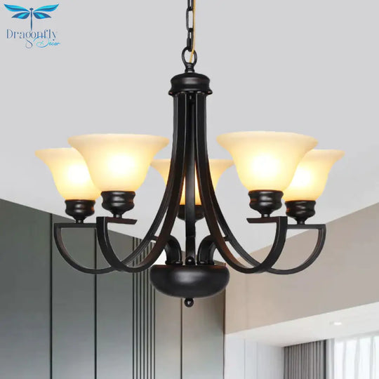 Black 3/5/6 Heads Chandelier Light Fixture Traditional White Glass Bell Pendant Lighting With Curvy