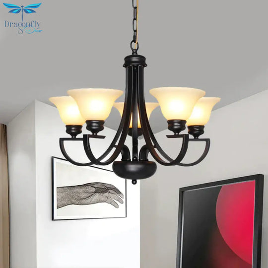 Black 3/5/6 Heads Chandelier Light Fixture Traditional White Glass Bell Pendant Lighting With Curvy