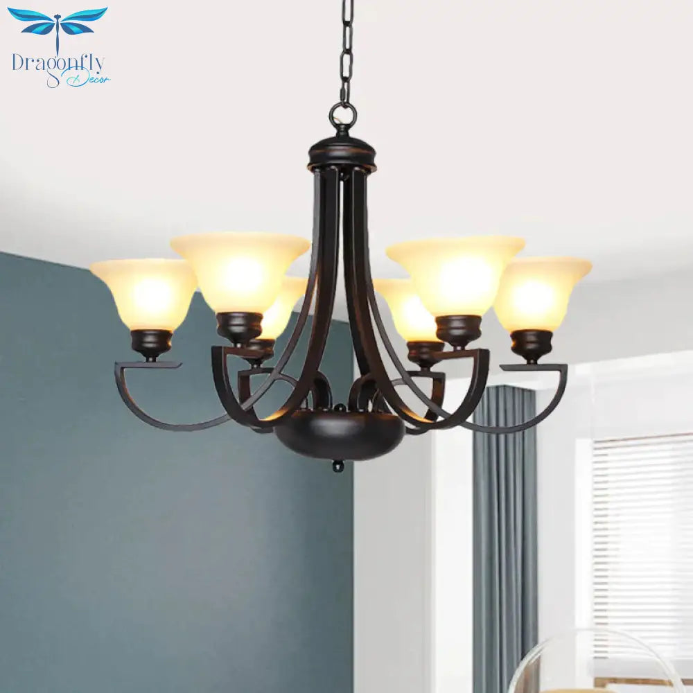 Black 3/5/6 Heads Chandelier Light Fixture Traditional White Glass Bell Pendant Lighting With Curvy