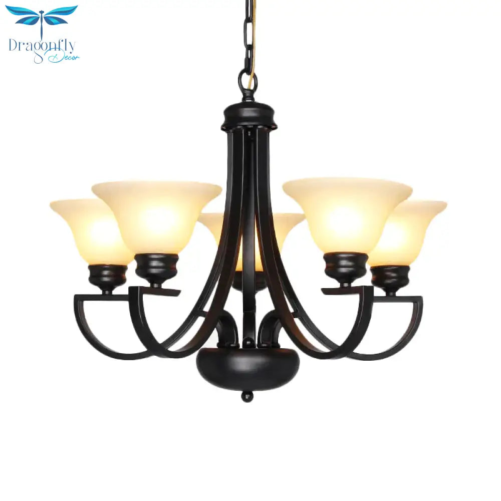 Black 3/5/6 Heads Chandelier Light Fixture Traditional White Glass Bell Pendant Lighting With Curvy