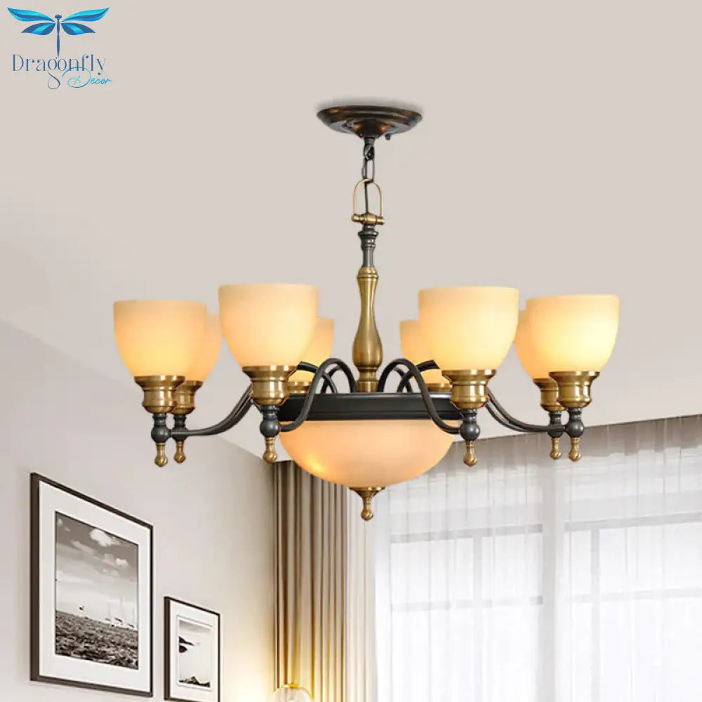 Black 3/5/8 Bulbs Hanging Lamp Rural Frosted Glass Bowl Chandelier Pendant Light With Metal Curved