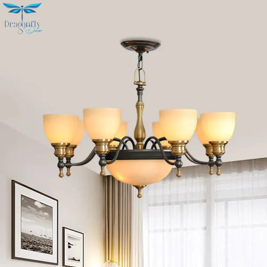 Black 3/5/8 Bulbs Hanging Lamp Rural Frosted Glass Bowl Chandelier Pendant Light With Metal Curved