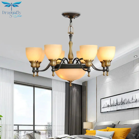 Black 3/5/8 Bulbs Hanging Lamp Rural Frosted Glass Bowl Chandelier Pendant Light With Metal Curved