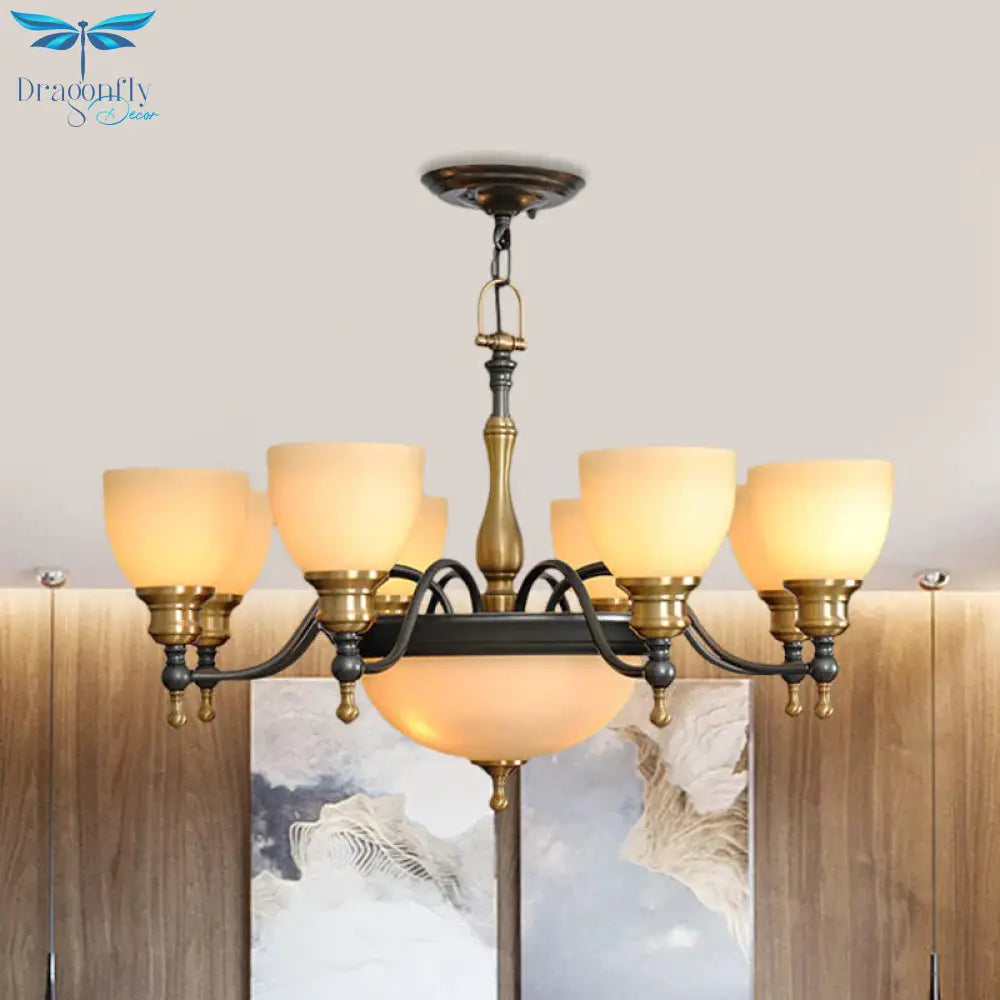 Black 3/5/8 Bulbs Hanging Lamp Rural Frosted Glass Bowl Chandelier Pendant Light With Metal Curved