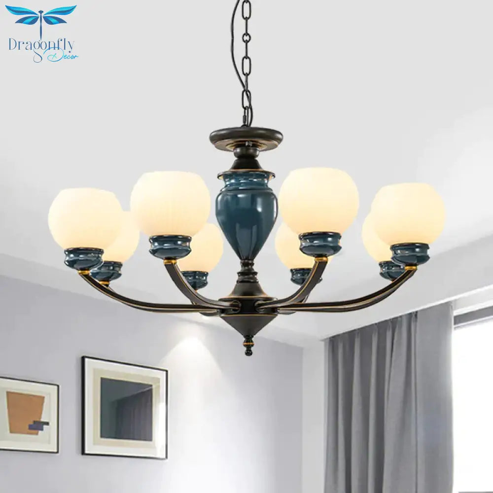 Black 3/6/8 Bulbs Chandelier Lighting Fixture Rural Milky Glass Spherical Hanging Pendant