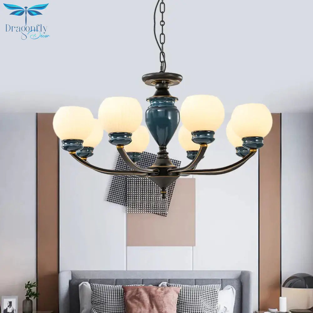 Black 3/6/8 Bulbs Chandelier Lighting Fixture Rural Milky Glass Spherical Hanging Pendant