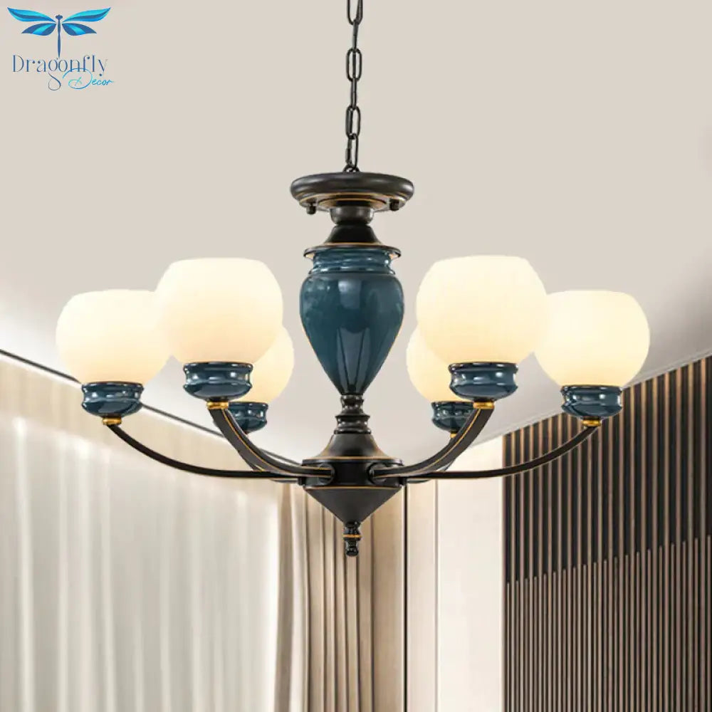 Black 3/6/8 Bulbs Chandelier Lighting Fixture Rural Milky Glass Spherical Hanging Pendant