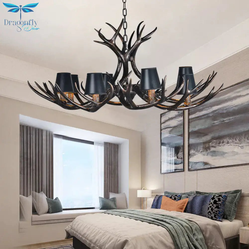 Black 3/6/8 Lights Chandelier Lighting Rustic Resin Conical Pendant Lamp With Faux Antler For