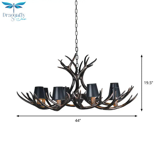 Black 3/6/8 Lights Chandelier Lighting Rustic Resin Conical Pendant Lamp With Faux Antler For