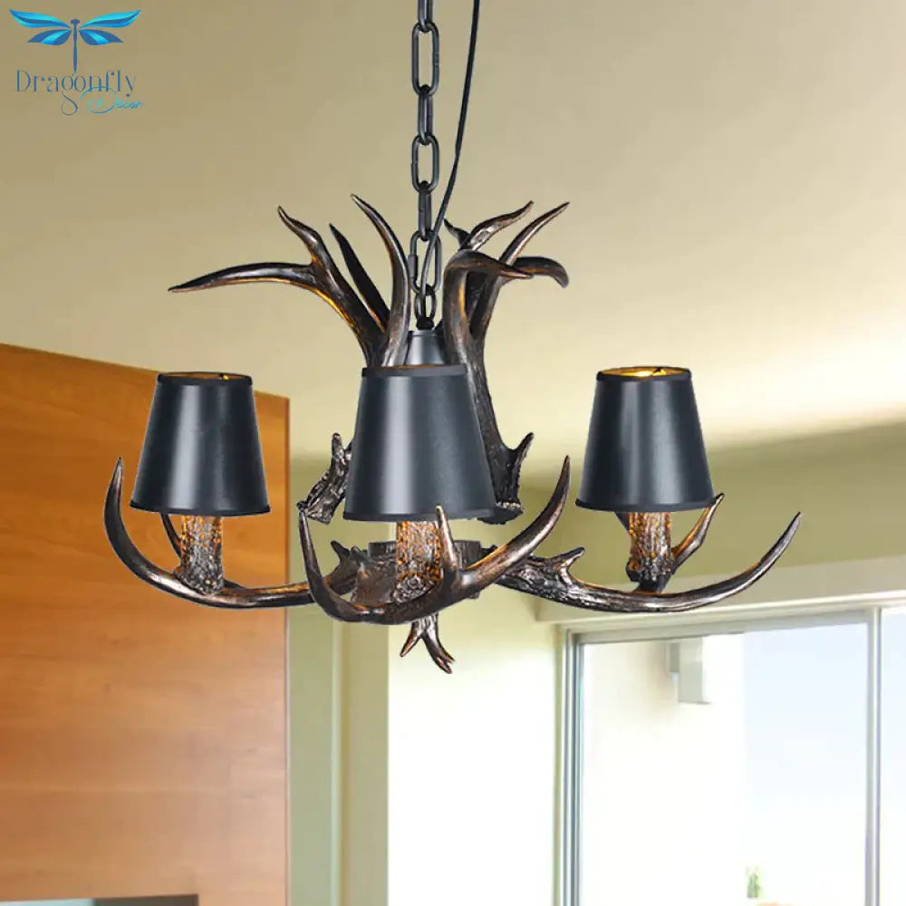 Black 3/6/8 Lights Chandelier Lighting Rustic Resin Conical Pendant Lamp With Faux Antler For