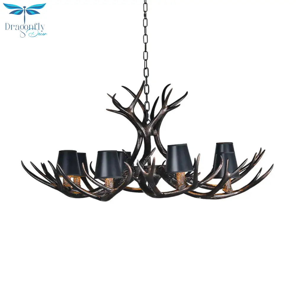 Black 3/6/8 Lights Chandelier Lighting Rustic Resin Conical Pendant Lamp With Faux Antler For