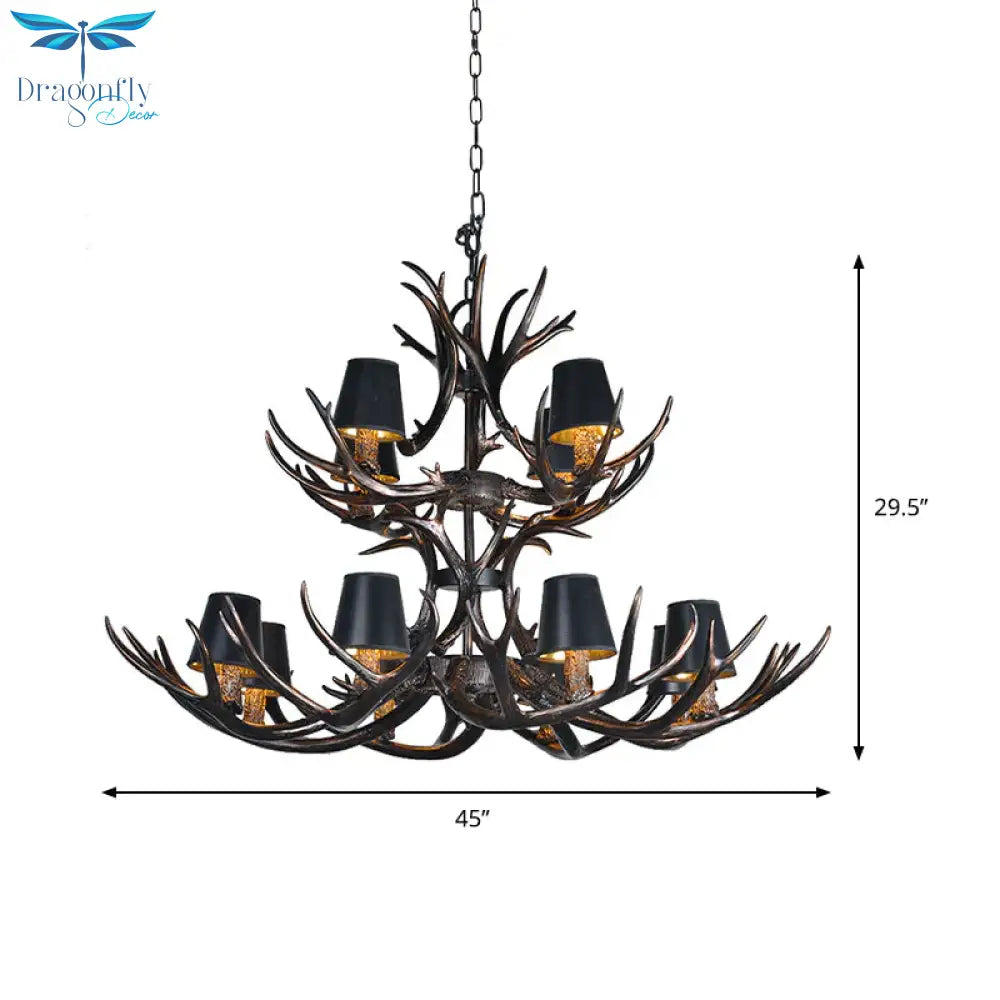 Black 3/6/8 Lights Chandelier Lighting Rustic Resin Conical Pendant Lamp With Faux Antler For