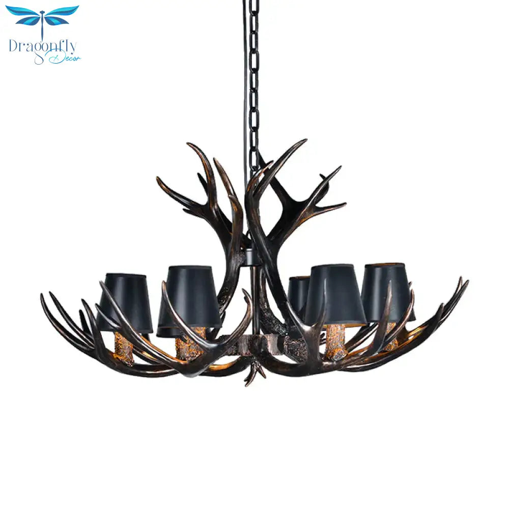 Black 3/6/8 Lights Chandelier Lighting Rustic Resin Conical Pendant Lamp With Faux Antler For