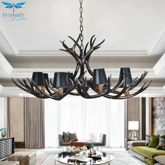 Black 3/6/8 Lights Chandelier Lighting Rustic Resin Conical Pendant Lamp With Faux Antler For