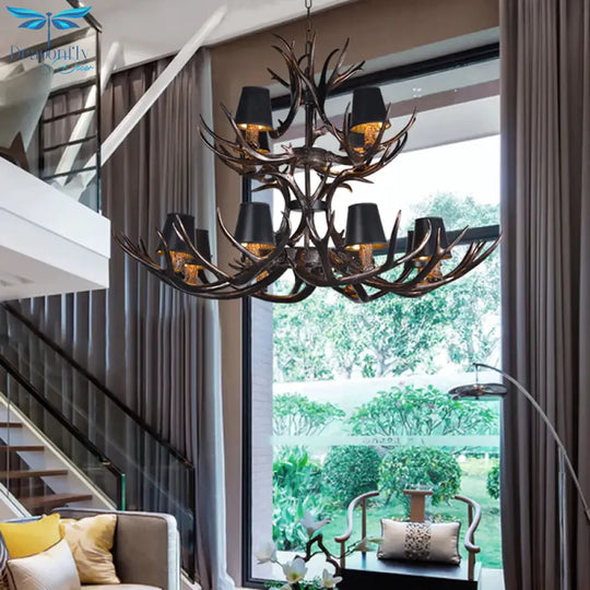 Black 3/6/8 Lights Chandelier Lighting Rustic Resin Conical Pendant Lamp With Faux Antler For