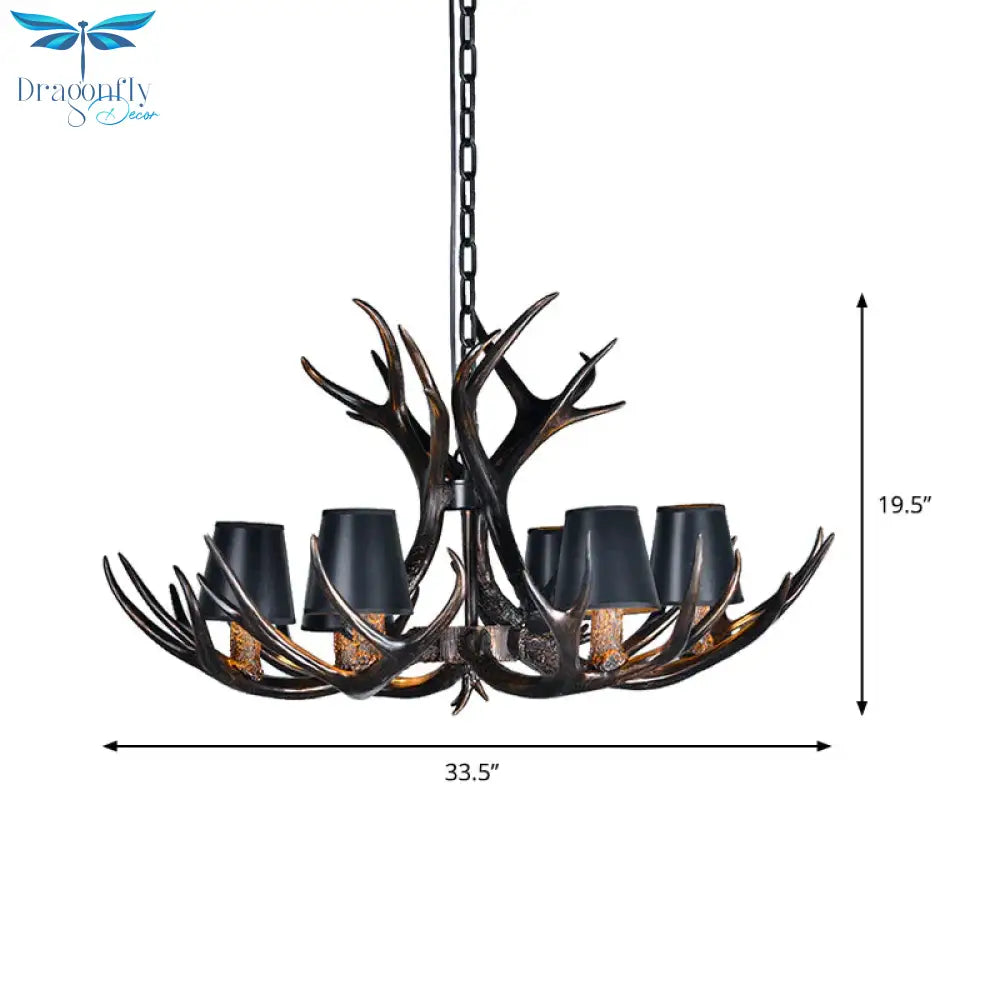Black 3/6/8 Lights Chandelier Lighting Rustic Resin Conical Pendant Lamp With Faux Antler For