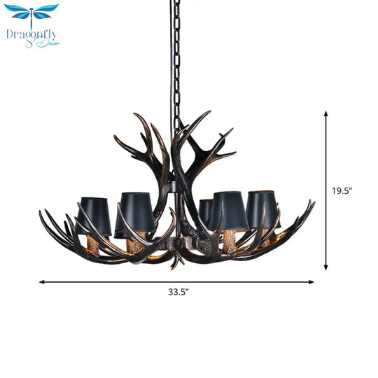 Black 3/6/8 Lights Chandelier Lighting Rustic Resin Conical Pendant Lamp With Faux Antler For
