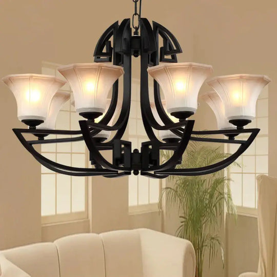 Black 3/6 Lights Pendant Chandelier Vintage Frosted Glass And Metal Flower Shape Hanging Light 6 /
