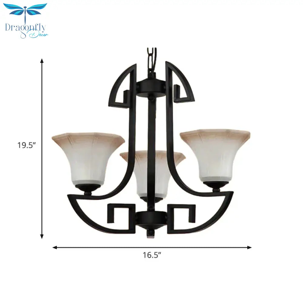 Black 3/6 Lights Pendant Chandelier Vintage Frosted Glass And Metal Flower Shape Hanging Light
