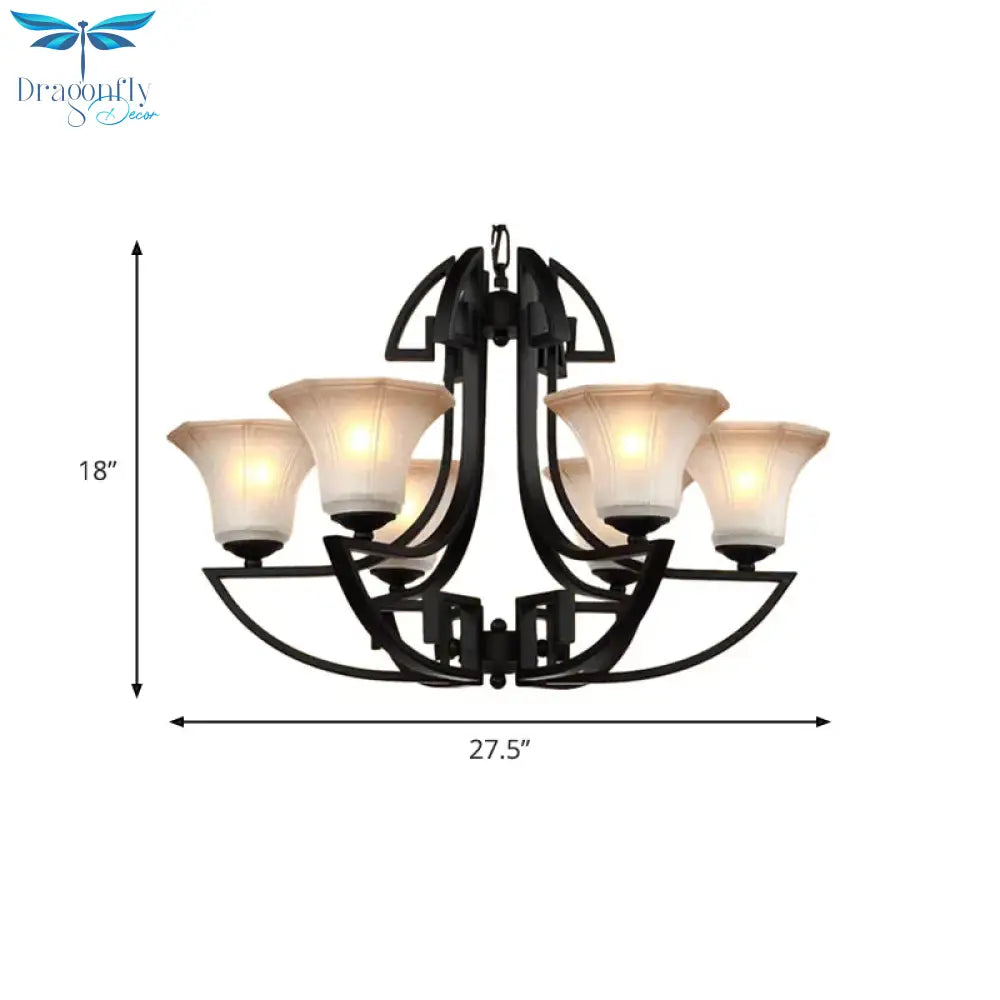 Black 3/6 Lights Pendant Chandelier Vintage Frosted Glass And Metal Flower Shape Hanging Light