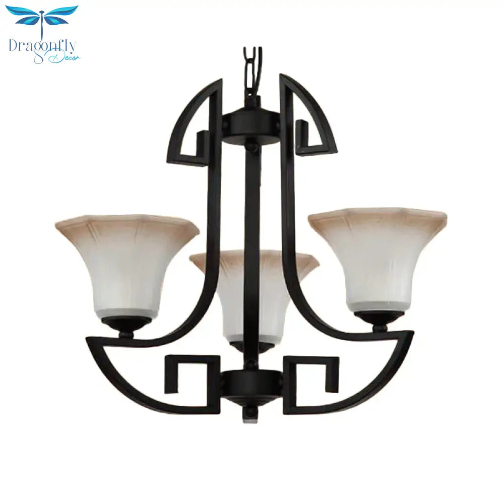 Black 3/6 Lights Pendant Chandelier Vintage Frosted Glass And Metal Flower Shape Hanging Light