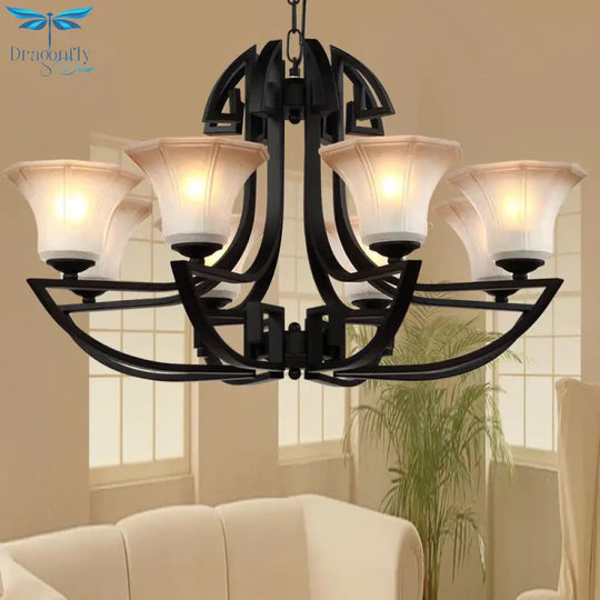 Black 3/6 Lights Pendant Chandelier Vintage Frosted Glass And Metal Flower Shape Hanging Light