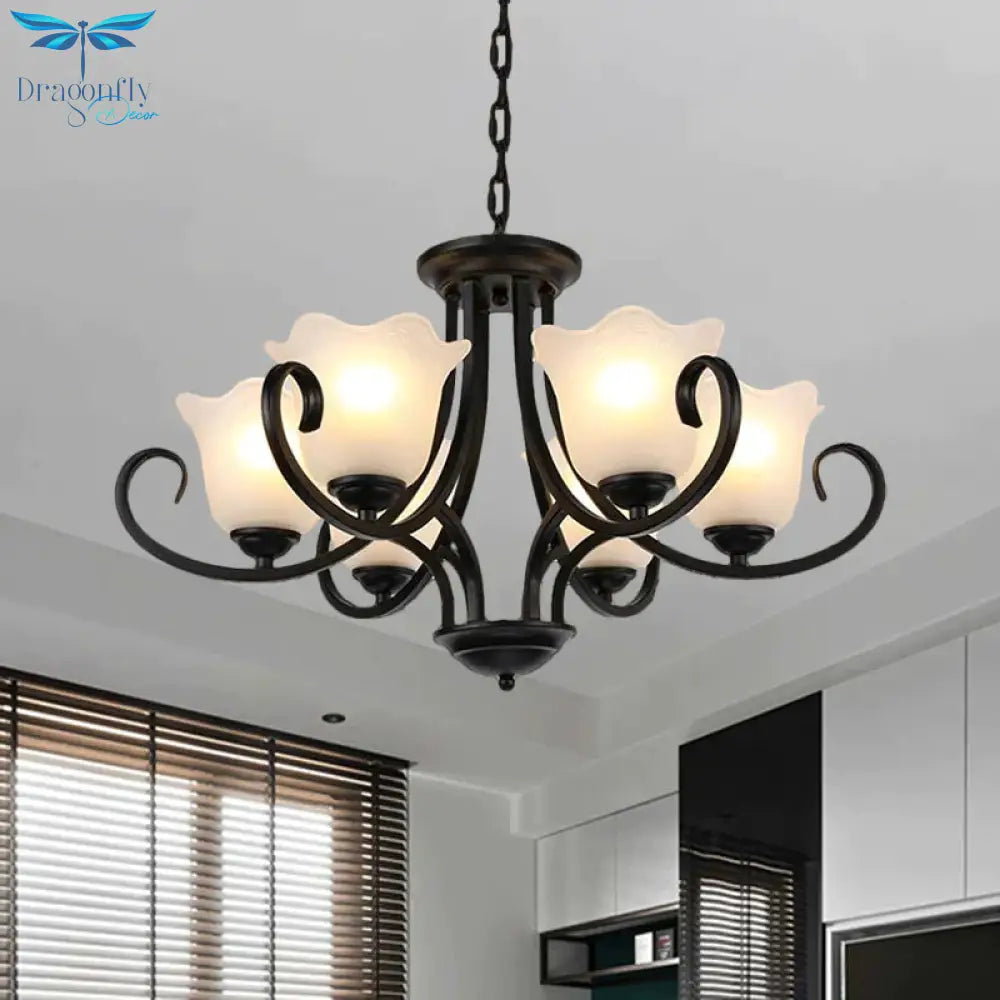 Black 4/6/8 - Bulb Ceiling Chandelier Warehouse Frosted Glass Flower Hanging Light Kit With Scroll